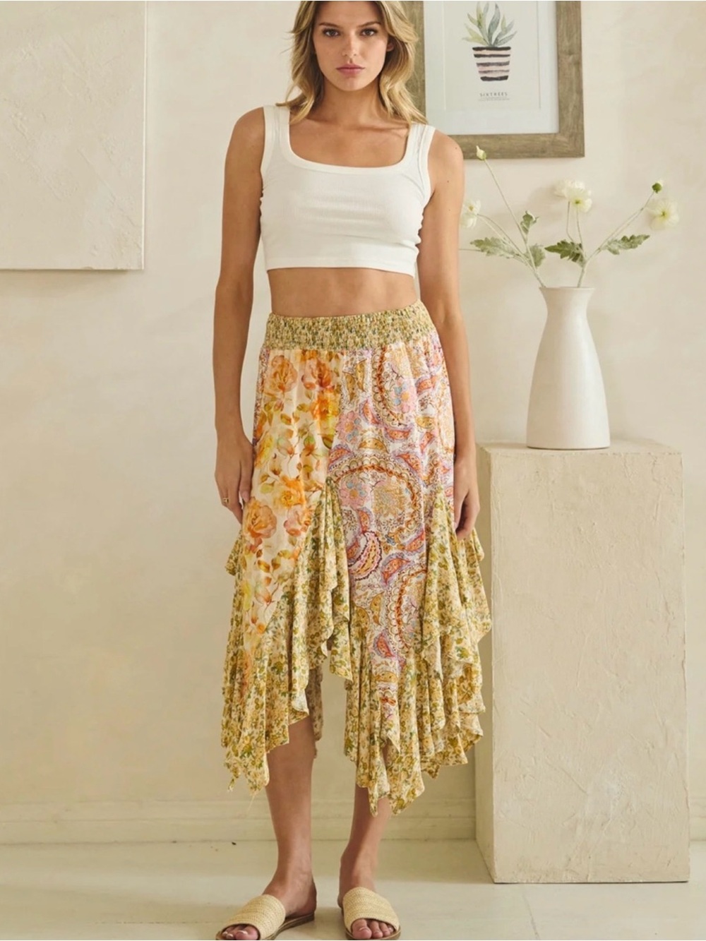 H263 New Oli & Hali S w13-22 Boho Floral Ruffle Asymmetrical Skirt - Yellow Pink